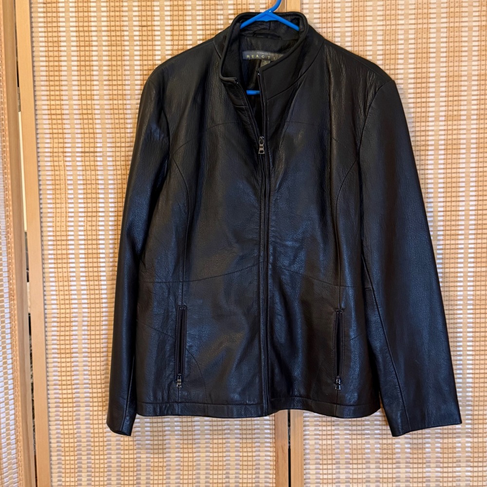 Kenneth Cole Reaction Mens Black Leather Jacket Mock Neck Full Zip XL
